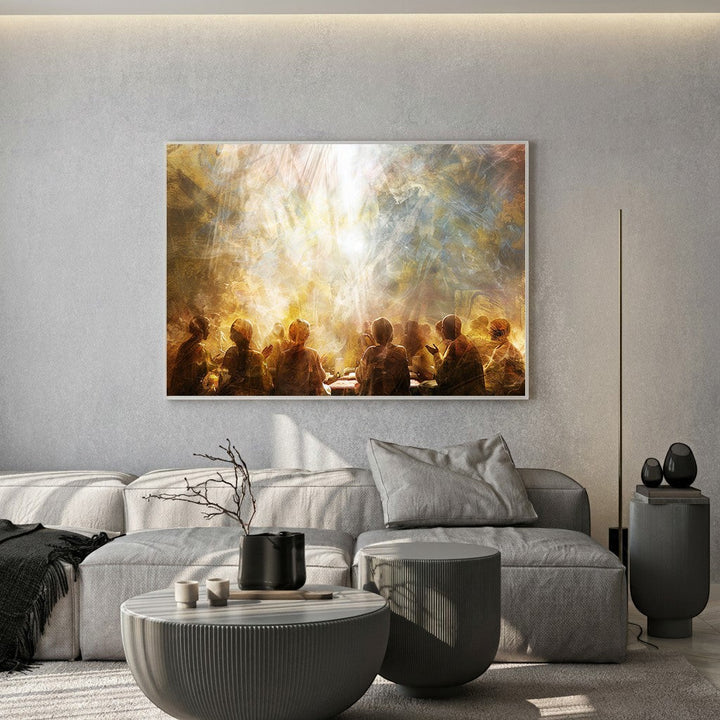 Wadi Home abstract wall art depicting figures in golden light, warm hues, cool blues, and textured strokes.