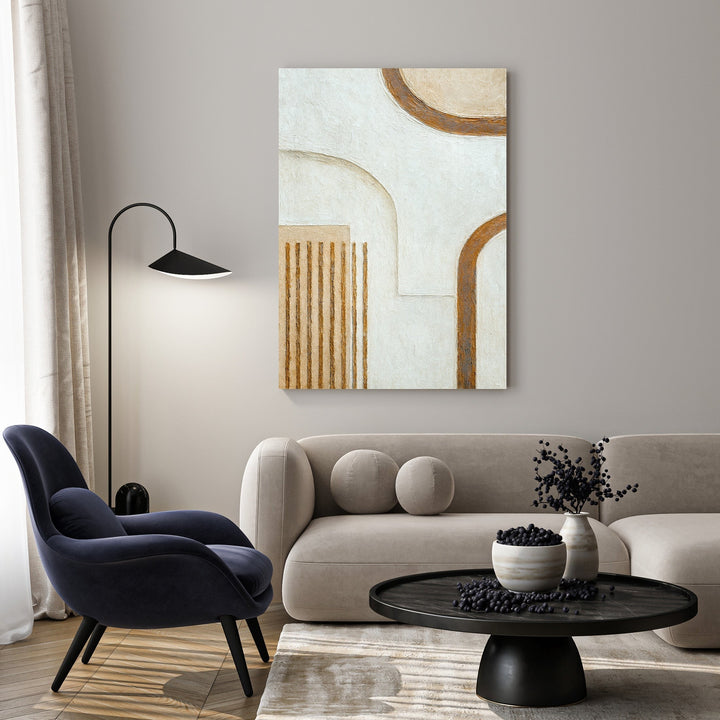 Wadi Home abstract geometric arch canvas art in neutral tones with gold accents and textured finish.