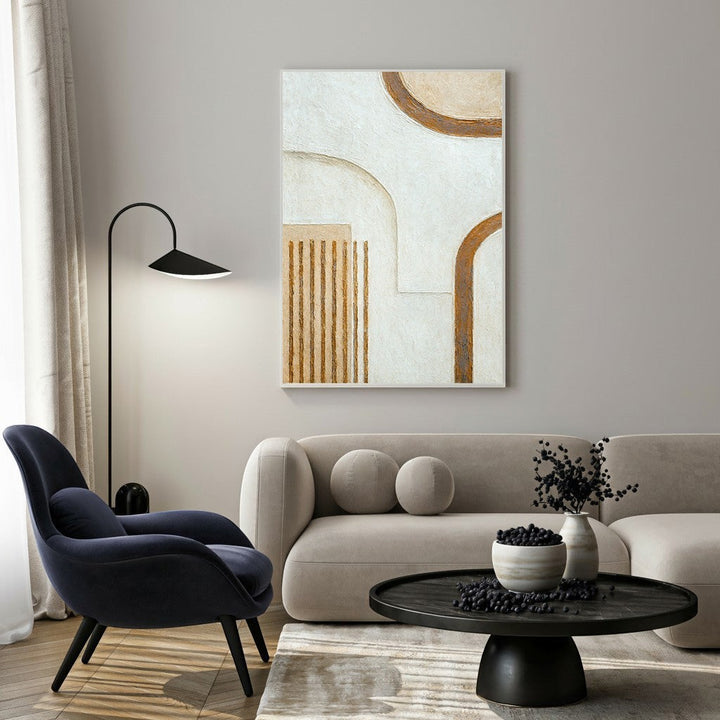 Wadi Home abstract geometric arch canvas wall art with neutral tones and gold accents. Textured finish.