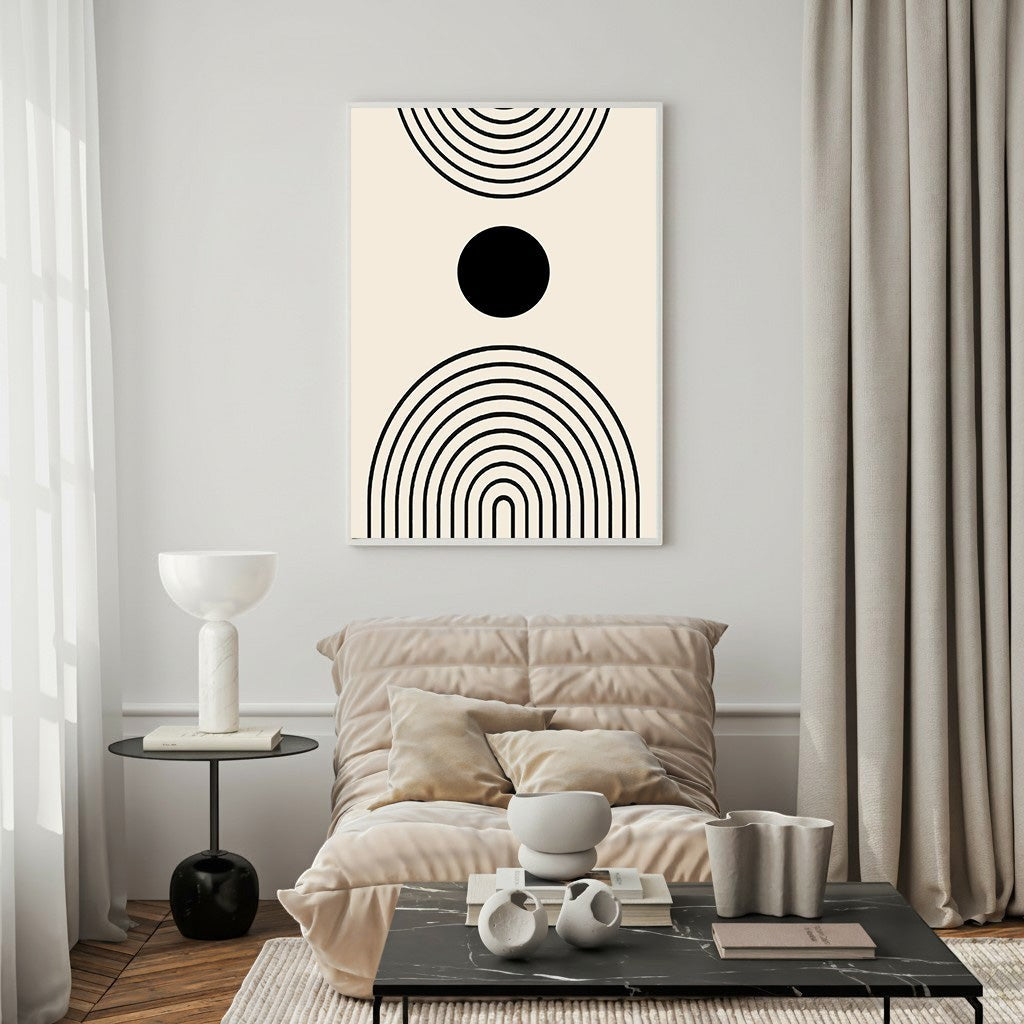Wadi Home abstract geometric arch wall art with black lines on a cream background, featuring concentric arches and a central circle.