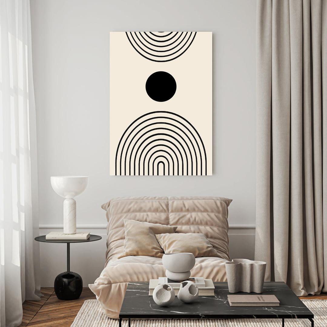 Wadi Home abstract geometric arch wall art with black lines on a cream background, featuring concentric arches and a central circle.