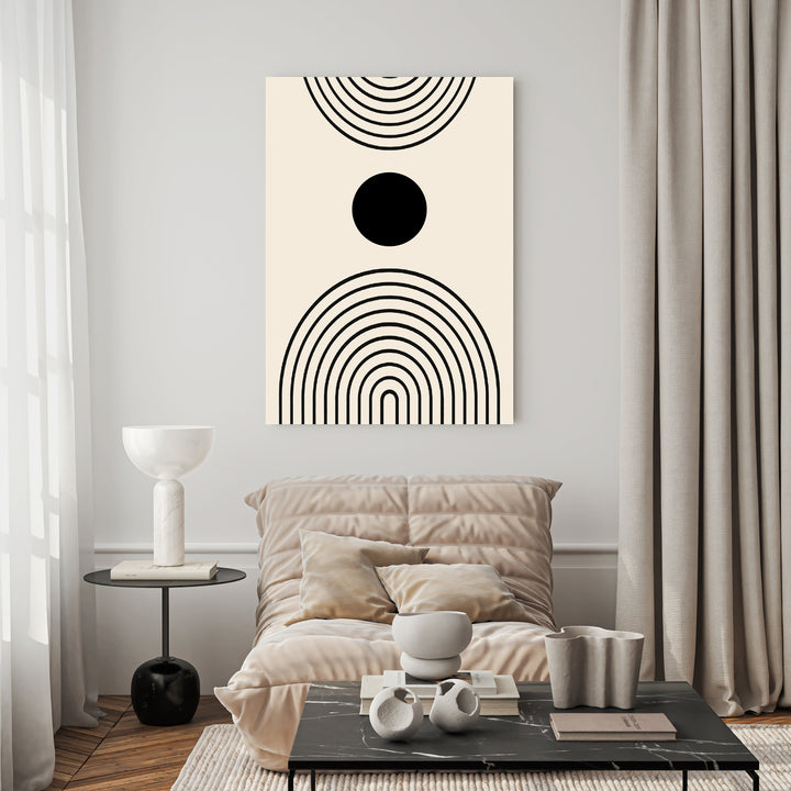 Wadi Home abstract geometric arch wall art with black lines on a cream background, featuring concentric arches and a central circle.
