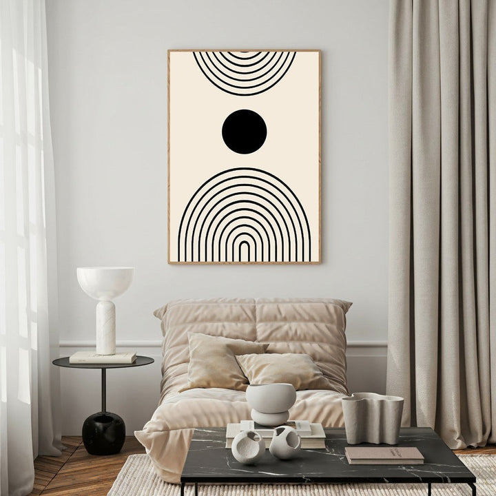 Wadi Home abstract geometric arch wall art with black lines and circle on cream background.