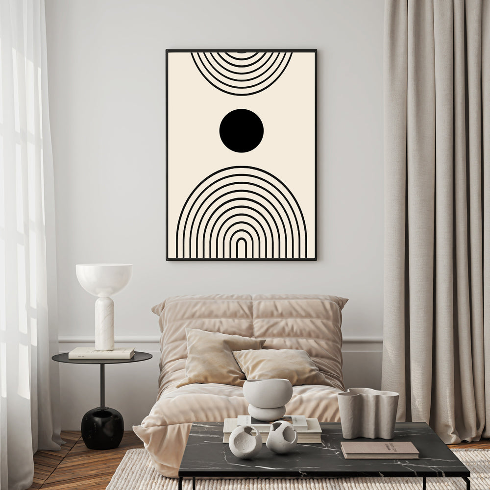 Wadi Home abstract geometric arch wall art with black lines on a cream background, featuring concentric arches and a central circle.