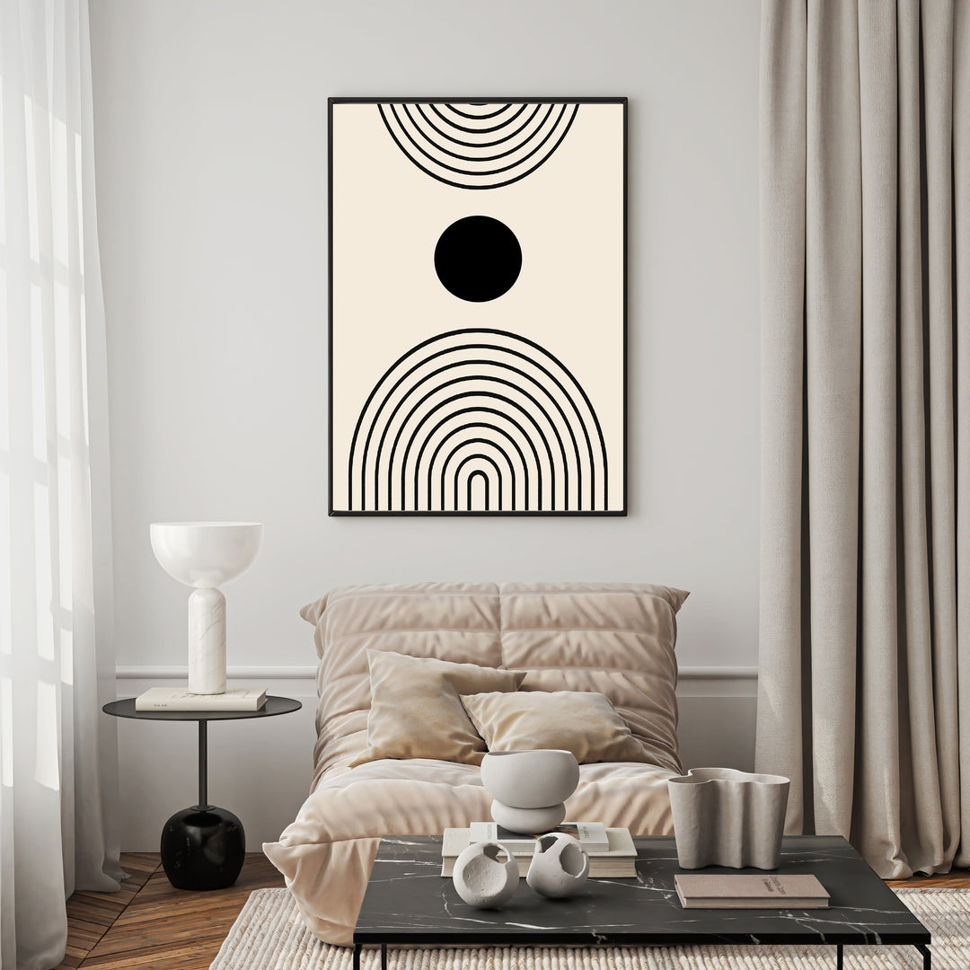 Wadi Home abstract geometric arch wall art with black lines on a cream background, featuring concentric arches and a central circle.