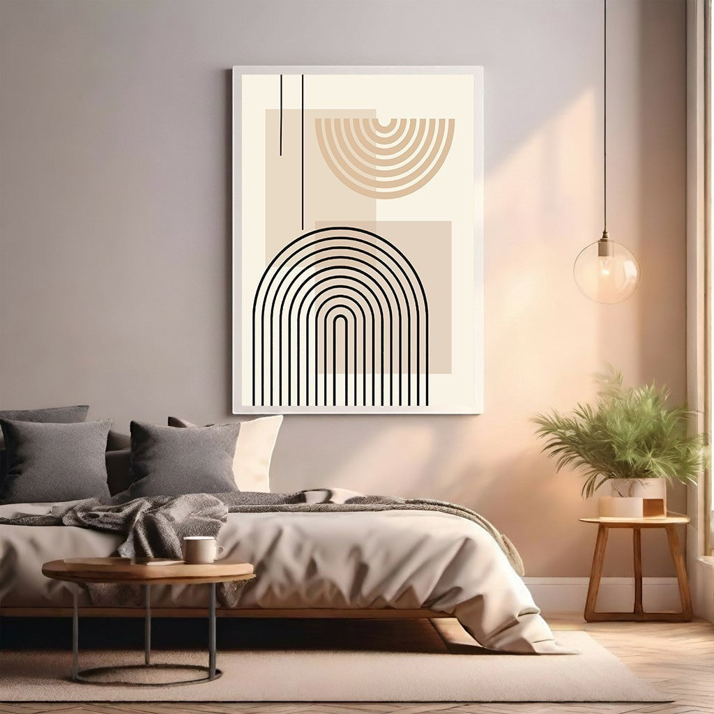Wadi Home abstract geometric arch wall art in beige and cream with black lines, modern minimalist design.
