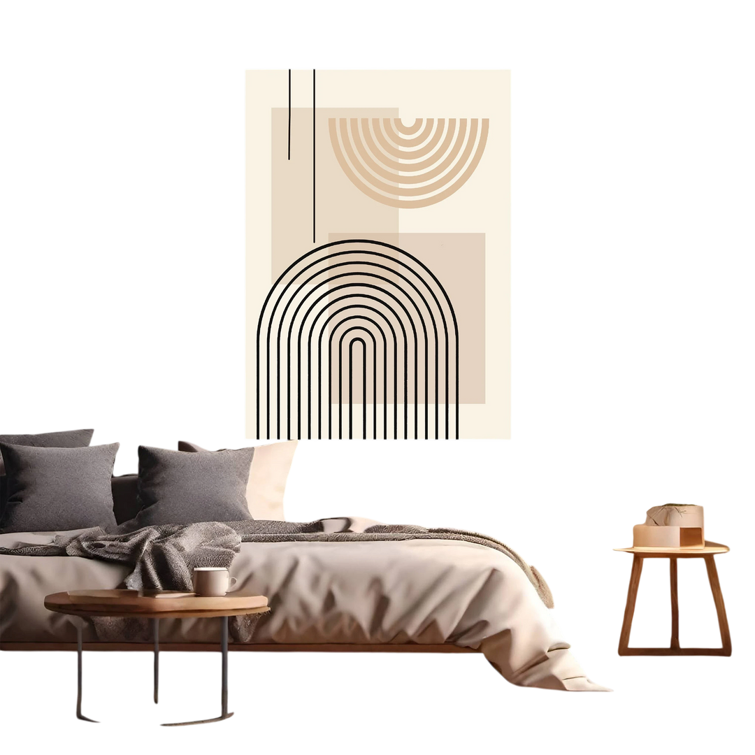 Wadi Home abstract geometric arch wall art in beige and cream with minimalist lines, mid-century modern style.