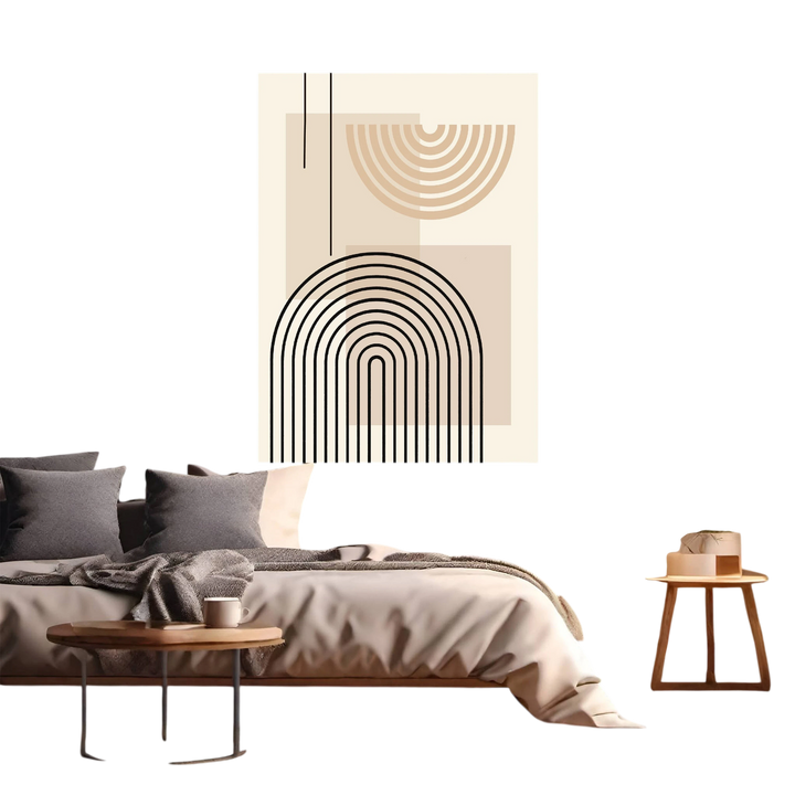 Wadi Home abstract geometric arch wall art in beige and cream with minimalist lines, mid-century modern style.