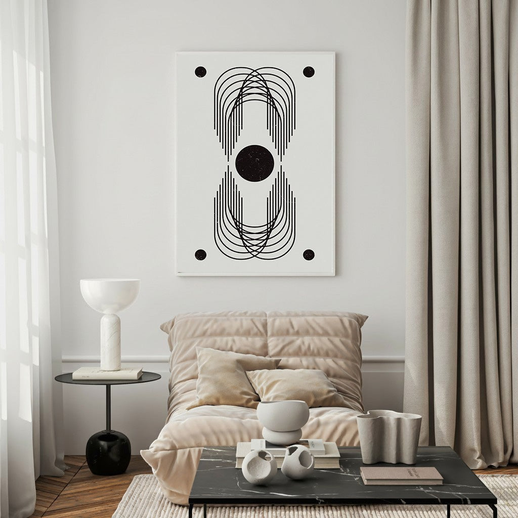 Wadi Home abstract geometric arch wall art in black and white, featuring symmetrical arches and a central circle.