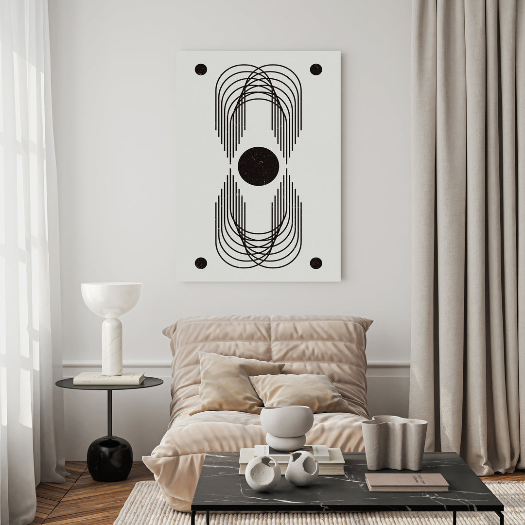 Wadi Home abstract geometric arch wall art in black and white, featuring symmetrical arches and a central circle.