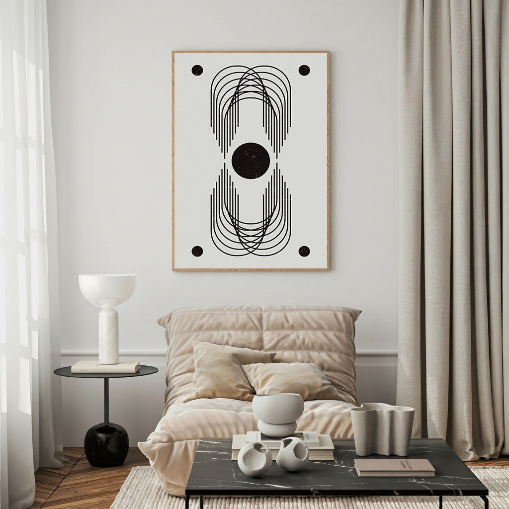 Wadi Home abstract black and white geometric arch wall art with symmetrical arches and circles.