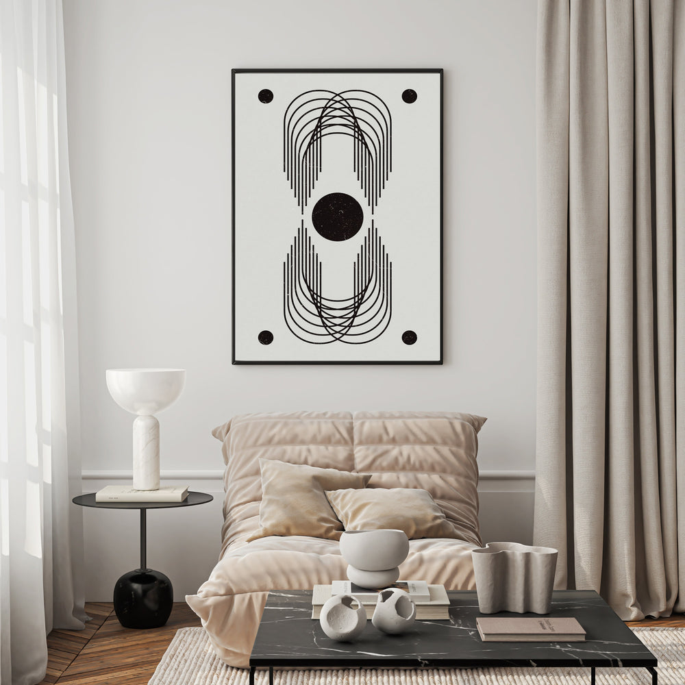 Wadi Home abstract geometric arch wall art in black and white with symmetrical arches and circles.