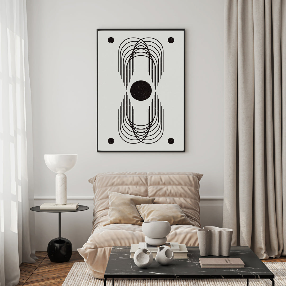 Wadi Home abstract geometric arch wall art in black and white with symmetrical arches and circles.
