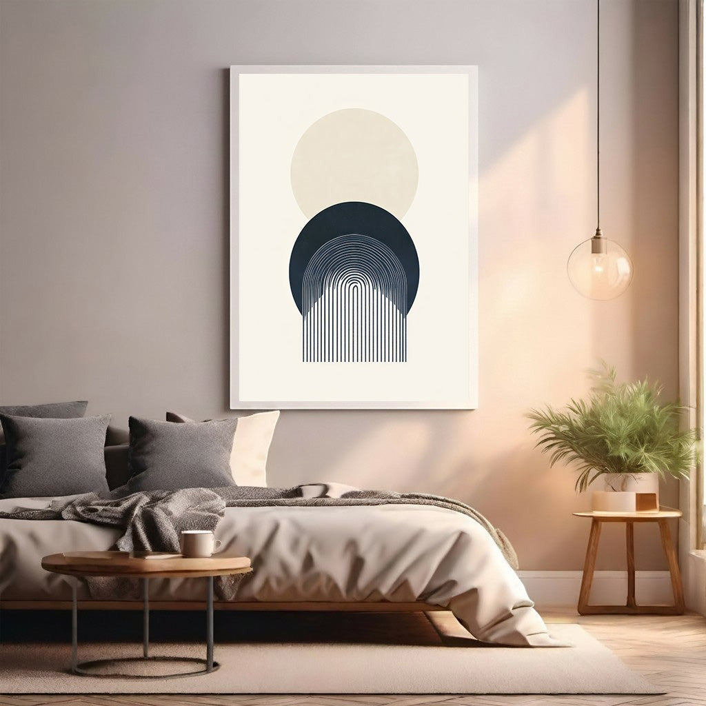 Wadi Home abstract geometric arch wall art in cream and navy blue, featuring layered circles and a minimalist arch design.