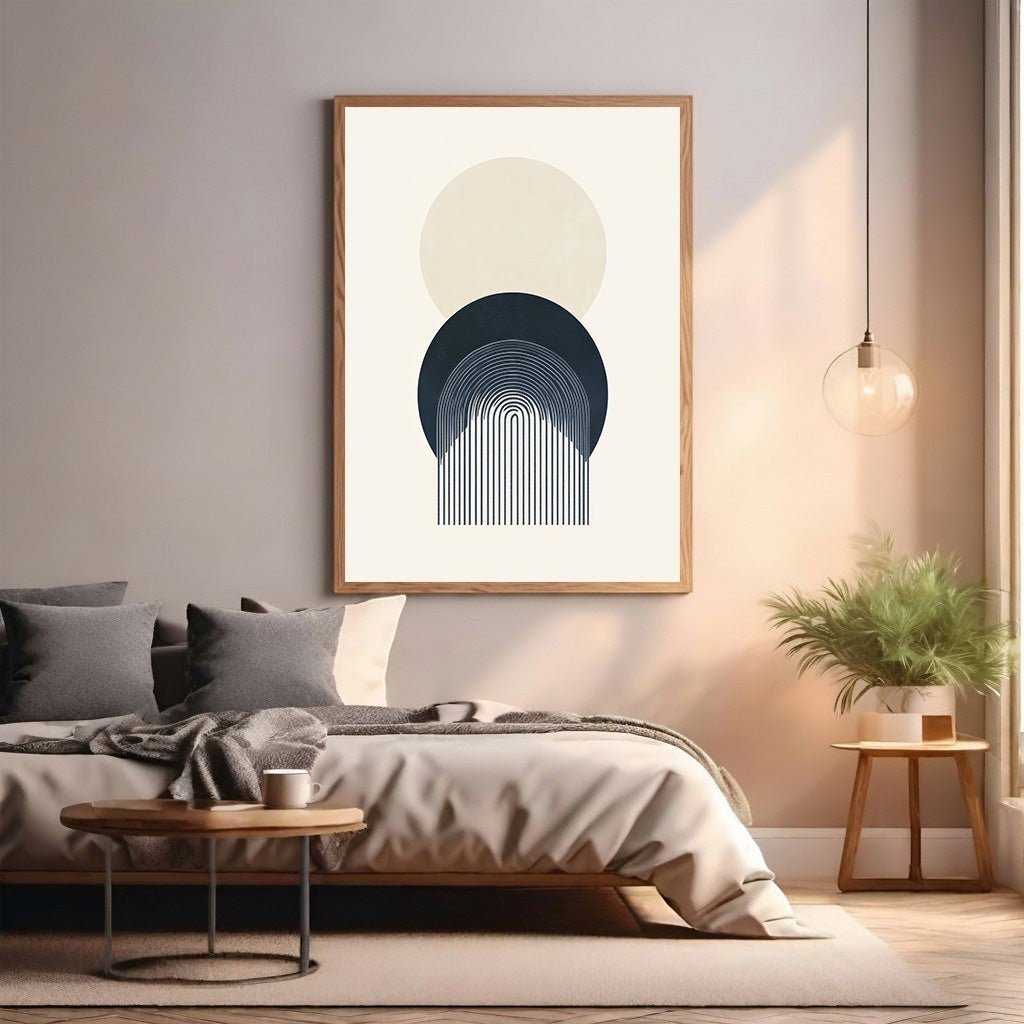Wadi Home abstract geometric arch wall art in cream and navy blue, featuring minimalist circles and lines.