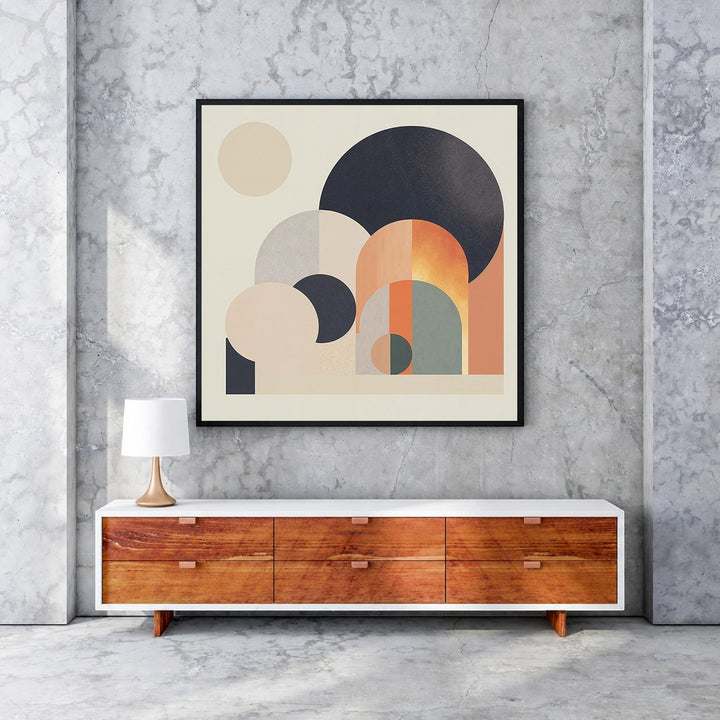 Wadi Home abstract geometric arch wall art print with cream, beige, navy, and terracotta circles and arches.