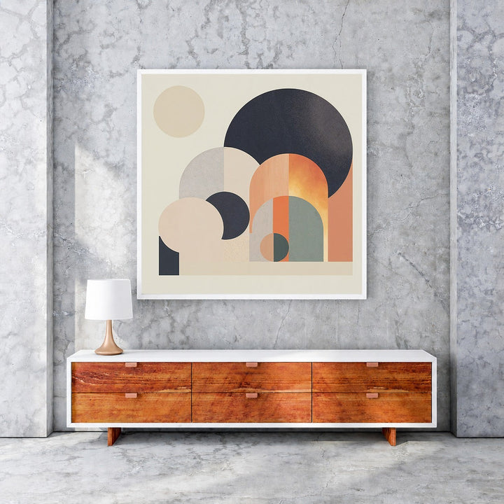 Wadi Home abstract geometric wall art with cream, beige, navy, and terracotta circles and arches.