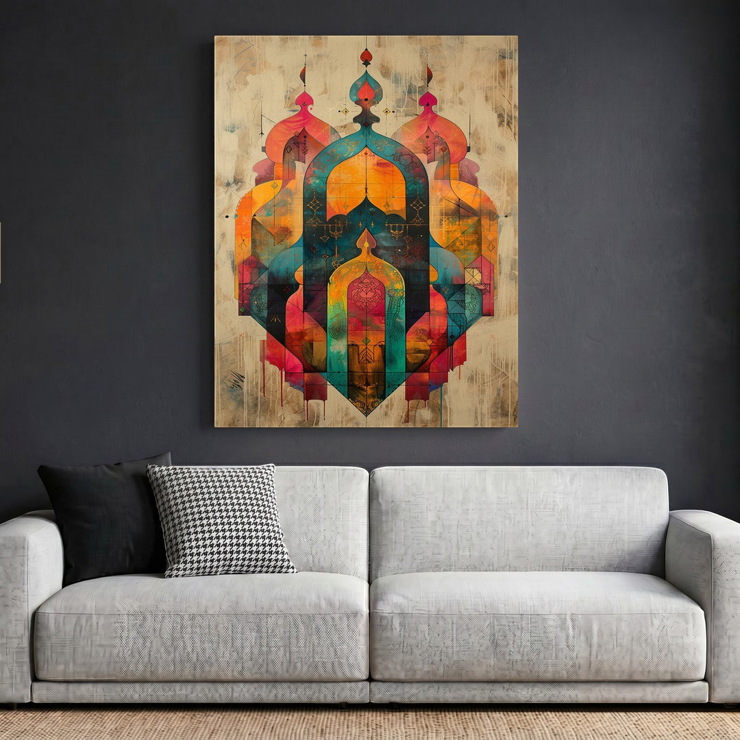 Wadi Home abstract geometric archway wall art featuring sunset orange, teal, and magenta tones on a textured background.