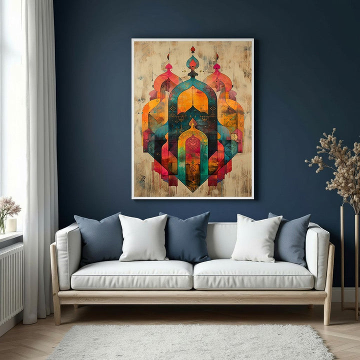 Wadi Home abstract geometric archway wall art with warm oranges, deep blues, and reds. Intricate design with layered textures.
