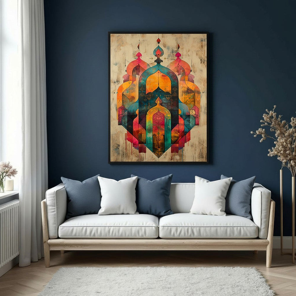 Wadi Home abstract geometric archway wall art with vibrant oranges, blues, and reds. Modern sophistication.