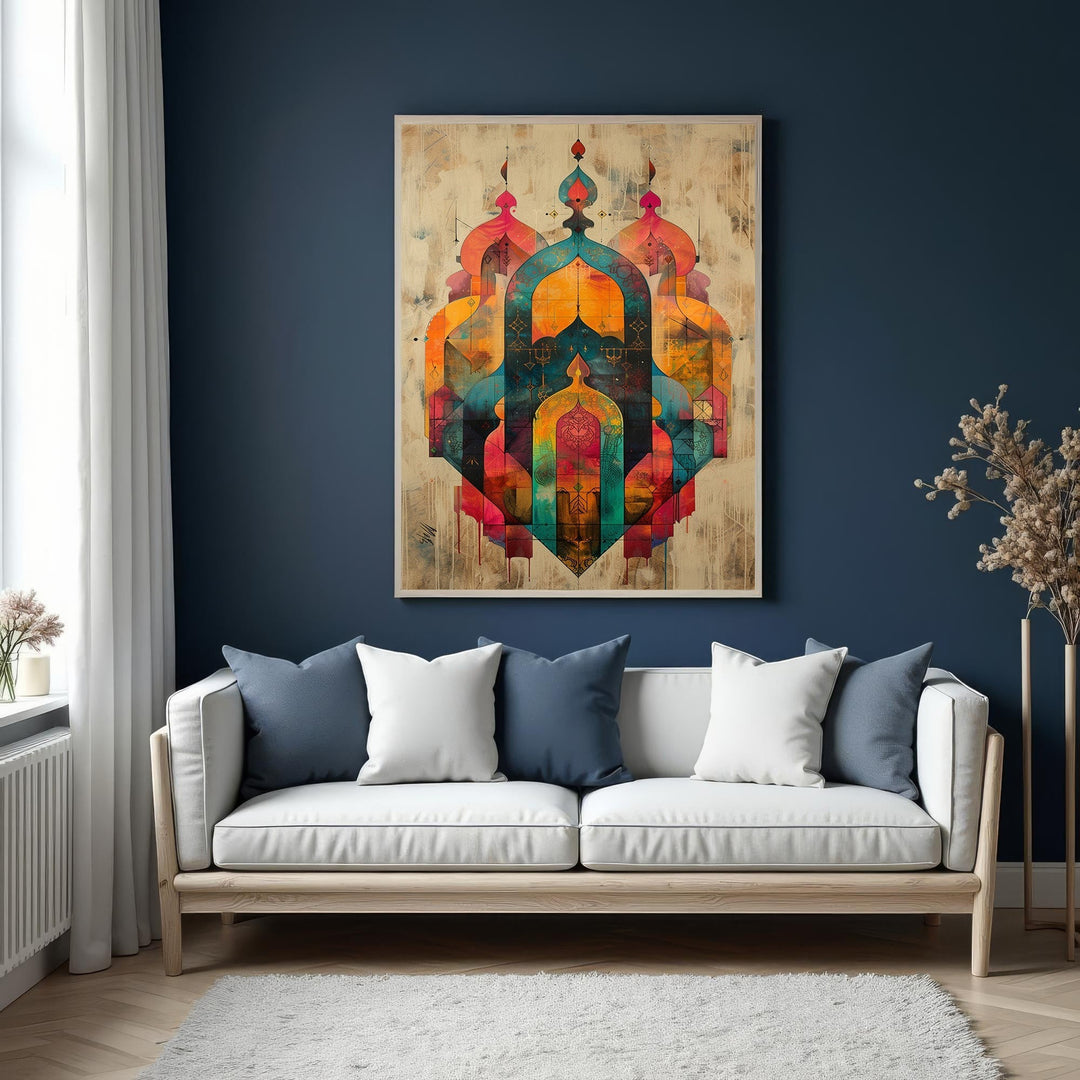 Wadi Home abstract geometric archway wall art with vibrant oranges, blues, and reds. Modern sophistication.