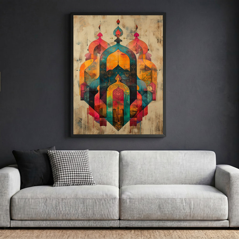 Wadi Home abstract geometric archway framed wall art with sunset orange and teal tones hanging above a modern sofa.
