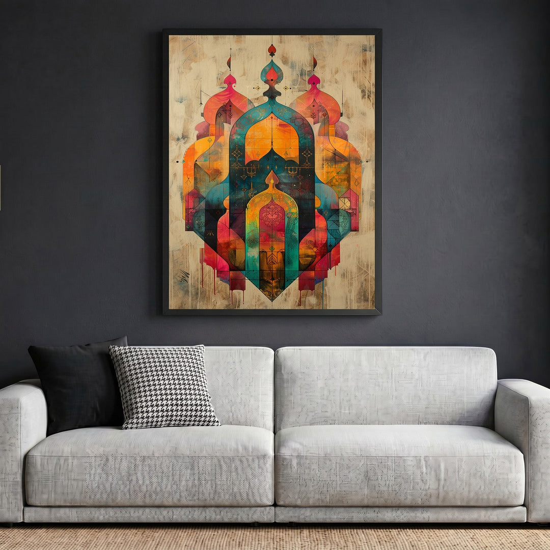Wadi Home abstract geometric archway framed wall art with sunset orange and teal tones hanging above a modern sofa.