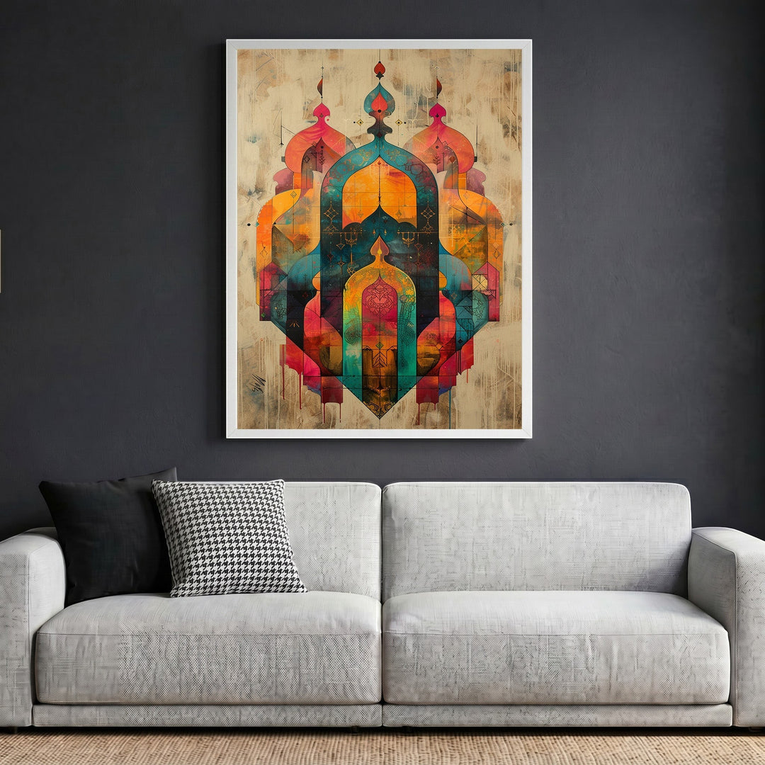 Wadi Home abstract geometric archway framed wall art with sunset orange, teal, and magenta tones on a grey living room wall