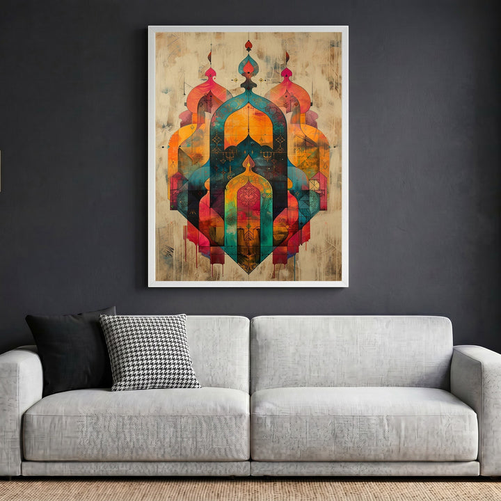 Wadi Home abstract geometric archway framed wall art with sunset orange, teal, and magenta tones on a grey living room wall