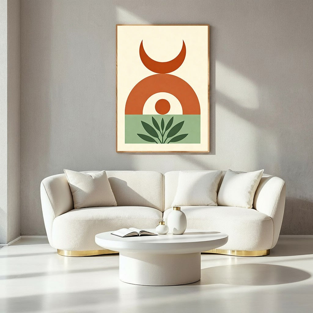 Wadi Home abstract geometric boho wall art with terracotta, sage green, and cream colors. Features crescent moon, arch, circle, and plant motifs.