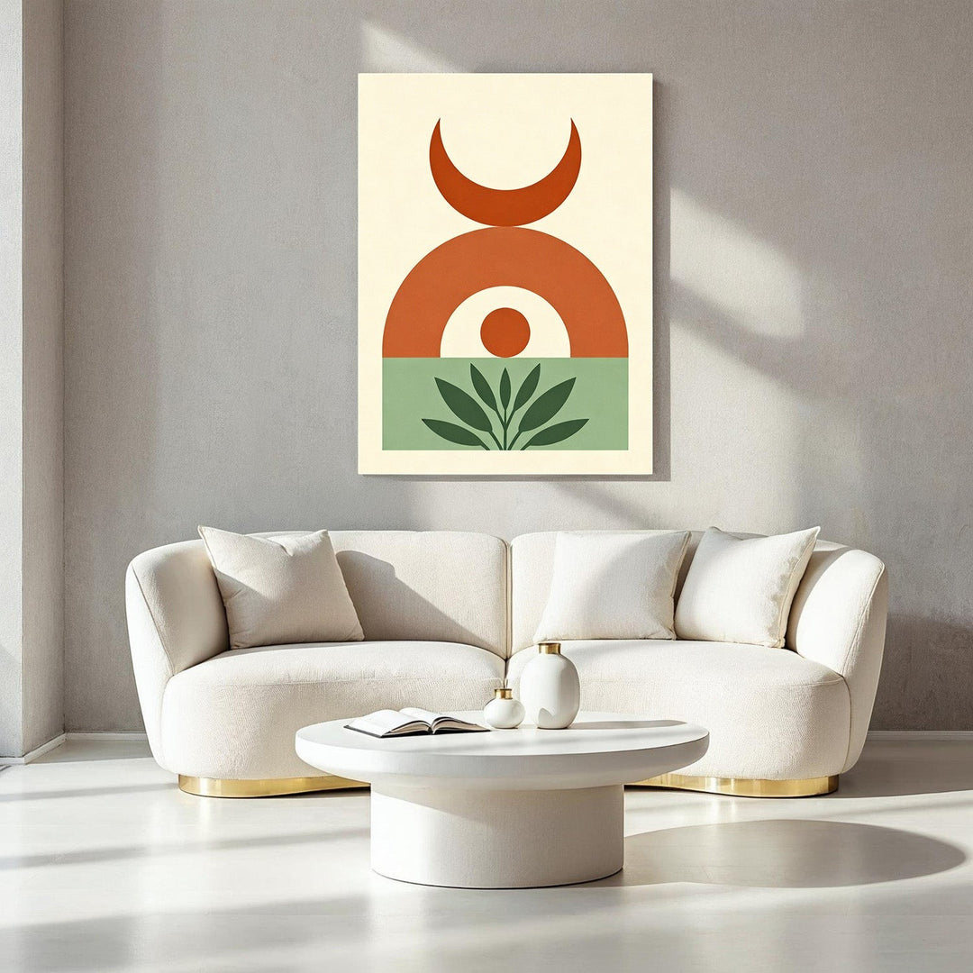Wadi Home abstract geometric boho wall art with terracotta, sage green, and cream colors. Features crescent moon, arch, and plant motifs.