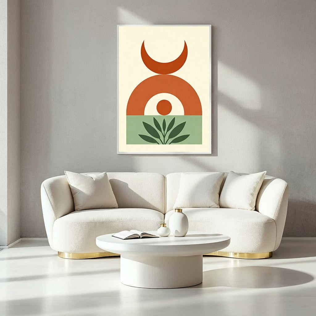 Wadi Home abstract geometric boho wall art with terracotta, sage green, and cream colors. Features crescent moon, arch, circle, and plant motifs.