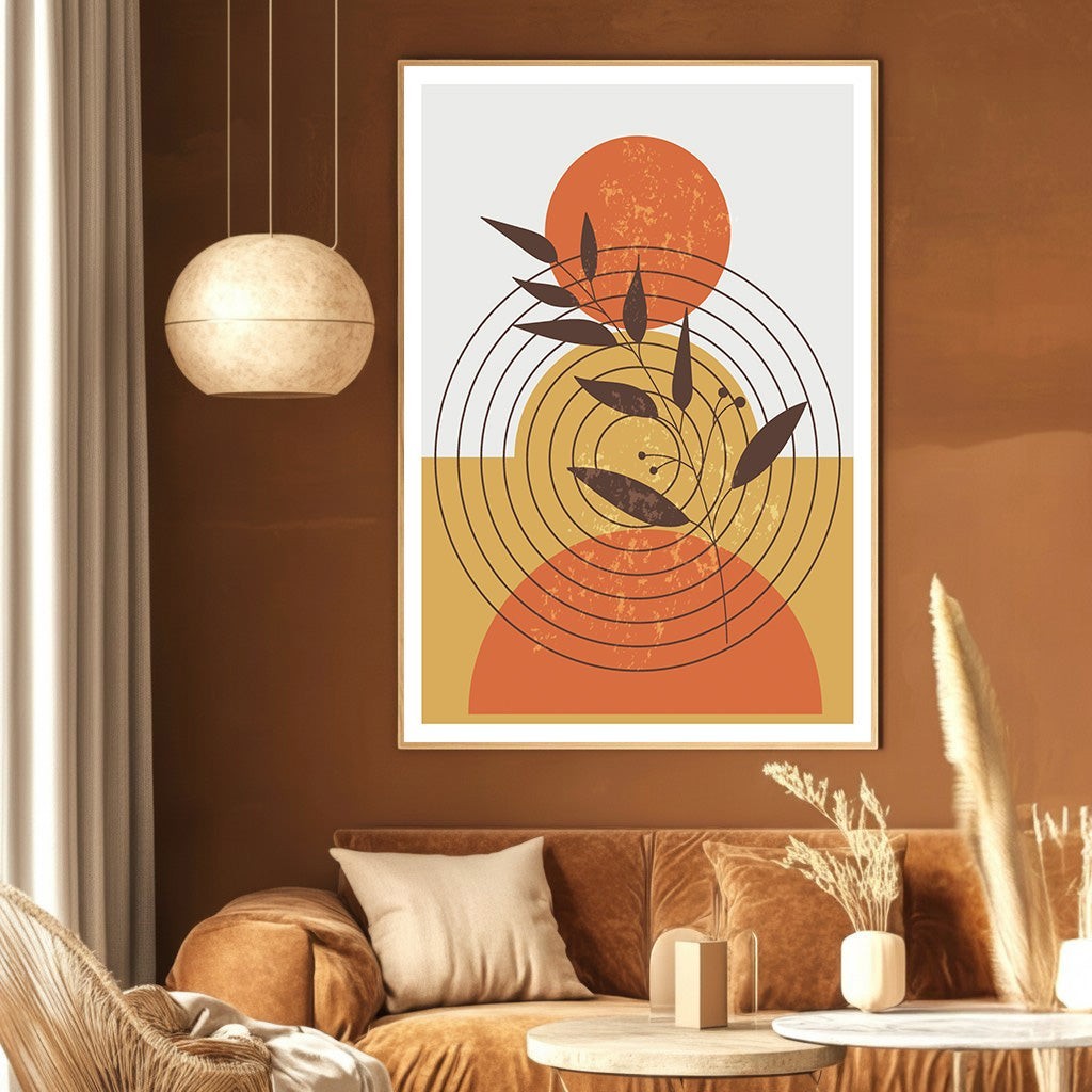Wadi Home abstract geometric botanical wall art print featuring burnt orange and mustard circles in a modern living room
