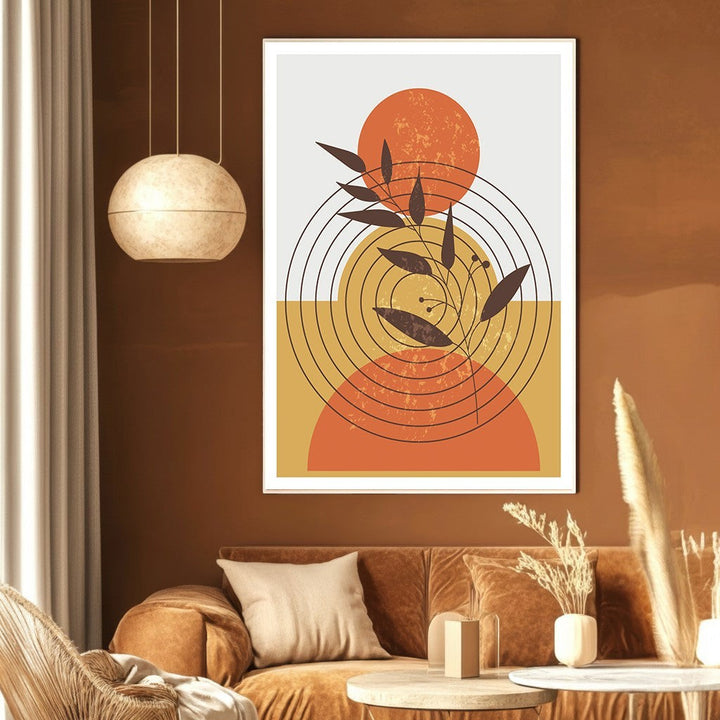 Wadi Home abstract geometric botanical wall art print with burnt orange and mustard yellow circles in a modern living room