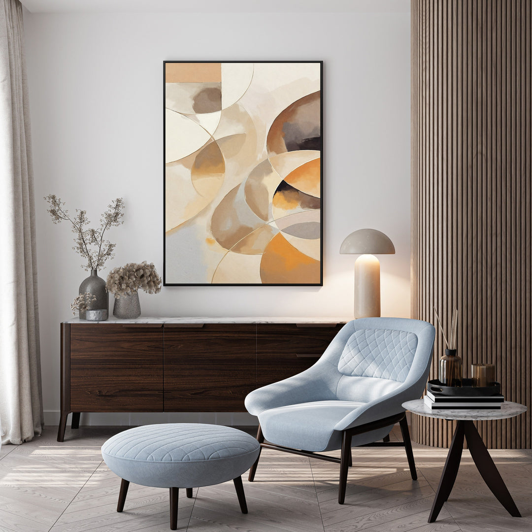 Wadi Home abstract geometric canvas art in warm earth tones and soft neutrals, featuring flowing lines and circular shapes.