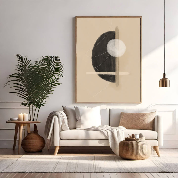 Wadi Home abstract geometric circle canvas art in beige and black with minimalist design. Modern wall art for living rooms.