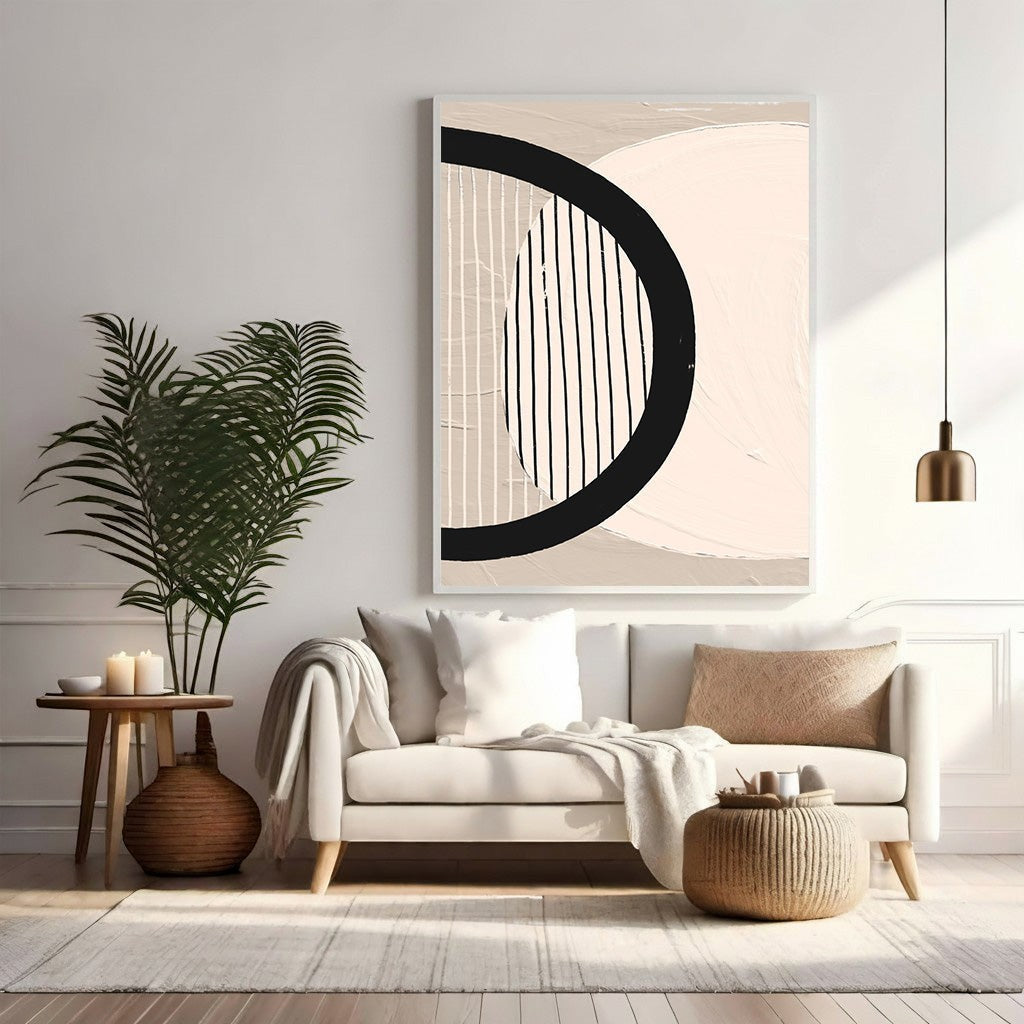 Wadi Home abstract geometric canvas art in beige, off-white, and black with textured lines and shapes.