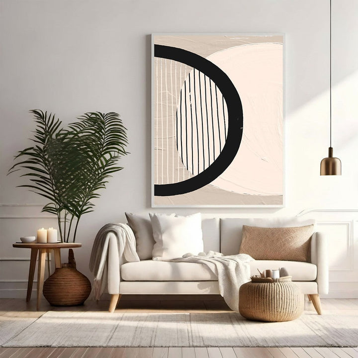 Wadi Home abstract geometric canvas art in beige, off-white, and black with textured lines and shapes.