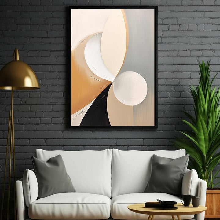 Wadi Home abstract geometric canvas art with beige, white, grey, black, and tan tones. Framed artwork.