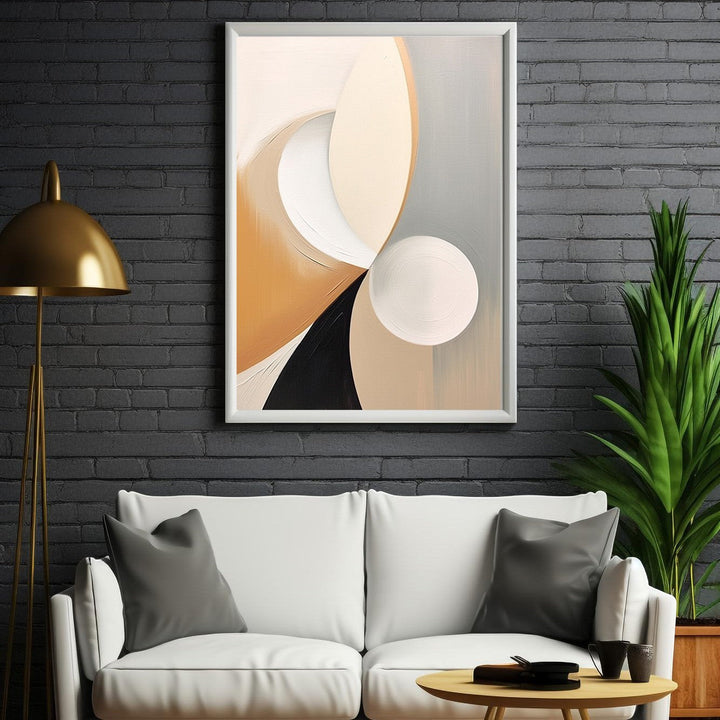 Wadi Home abstract geometric canvas art with beige, white, grey, black, and tan tones. Framed art.