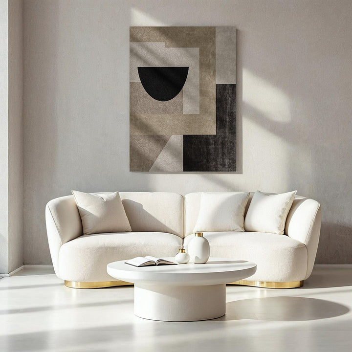 Wadi Home abstract geometric canvas art in beige, taupe, and charcoal with a black semi-circle.