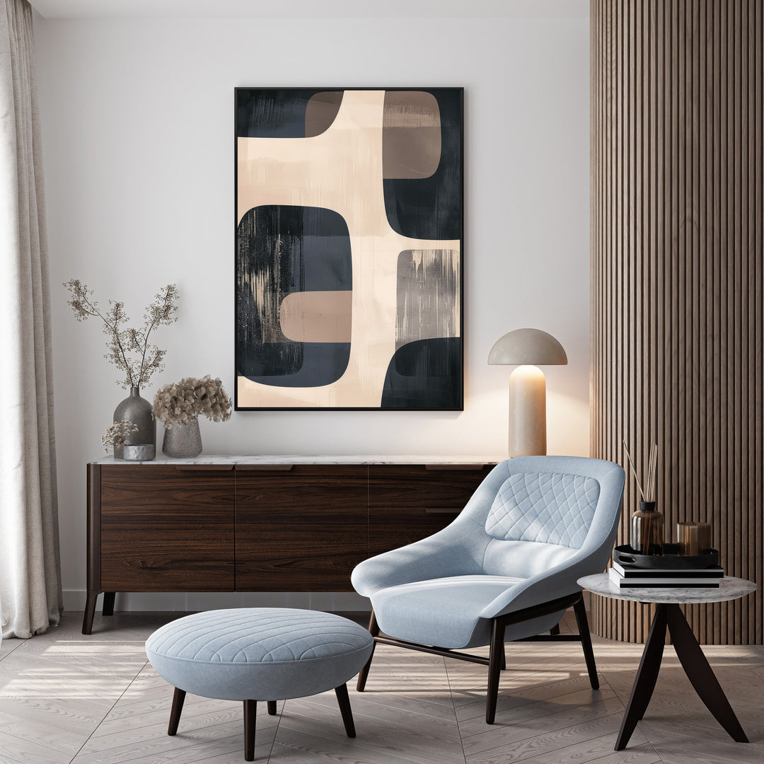 Wadi Home abstract geometric canvas art in deep blues, beiges, and charcoal grays with flowing shapes and textured details.