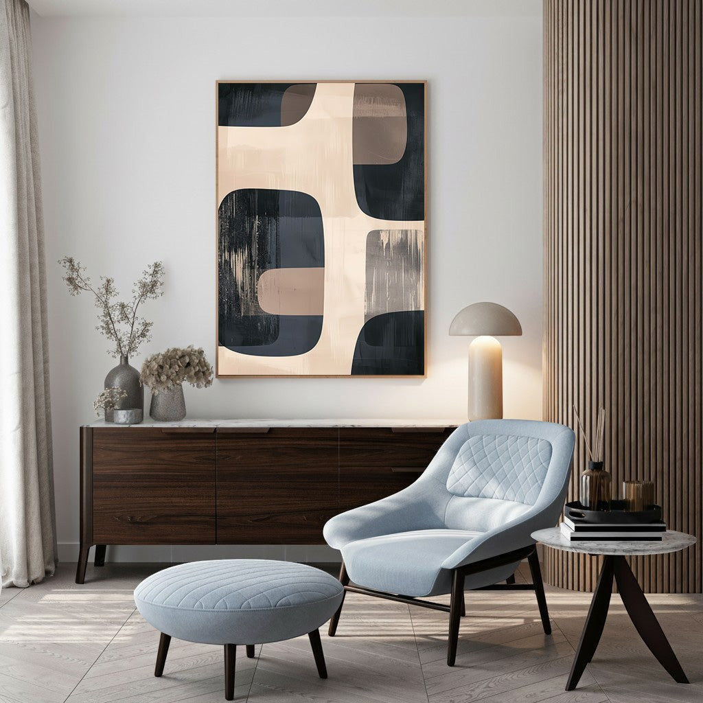 Wadi Home abstract geometric canvas art in blues, beiges, and grays with organic shapes and textured details.