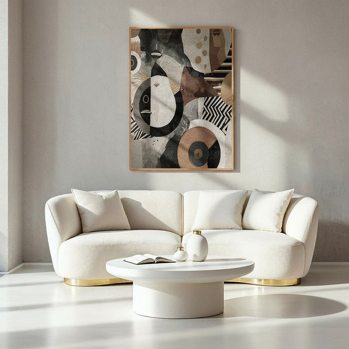 Wadi Home abstract geometric canvas art with black, white, beige, and gold accents. Features circles and zig-zag patterns.