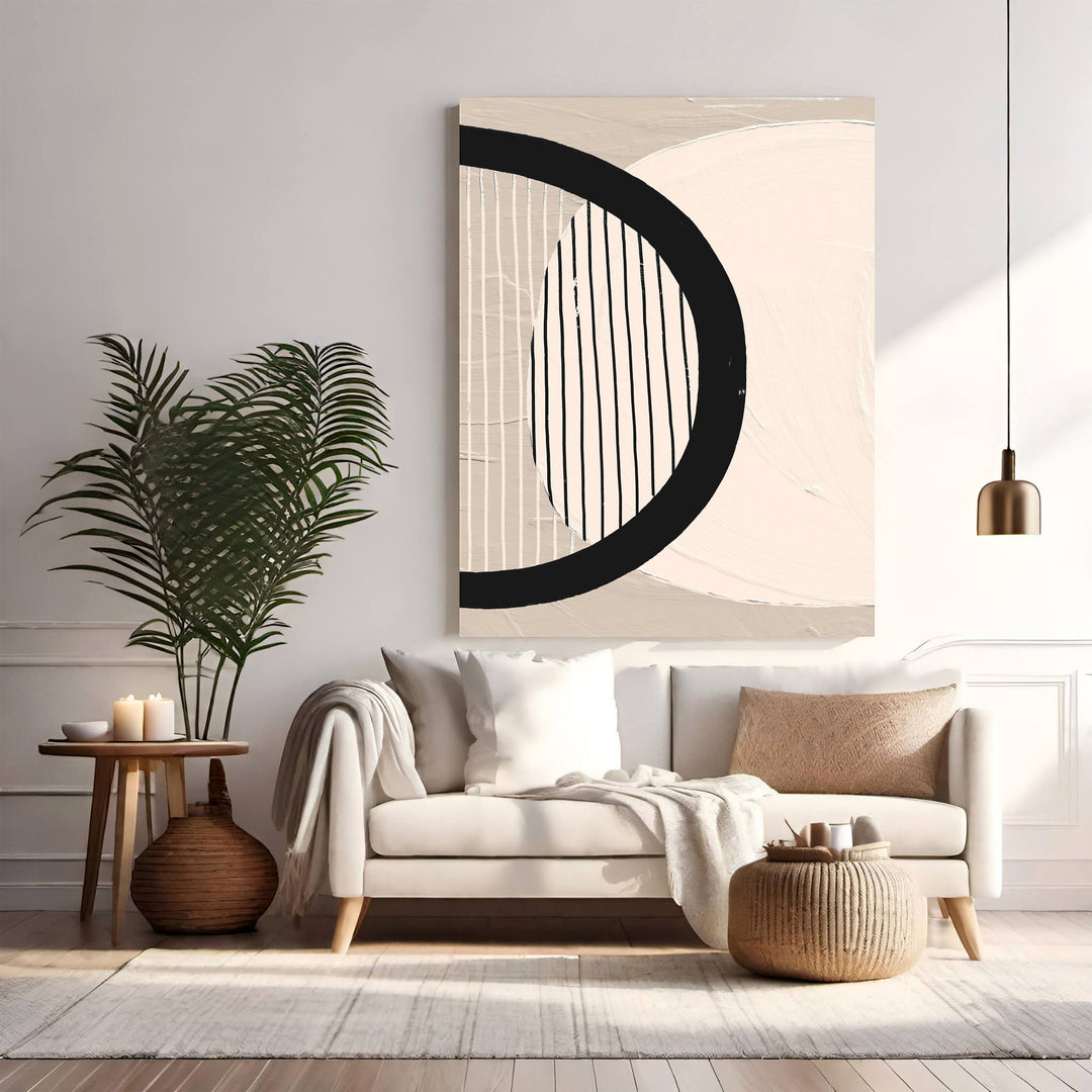 Wadi Home abstract geometric canvas art in neutral tones of beige, off-white, and black with vertical lines.