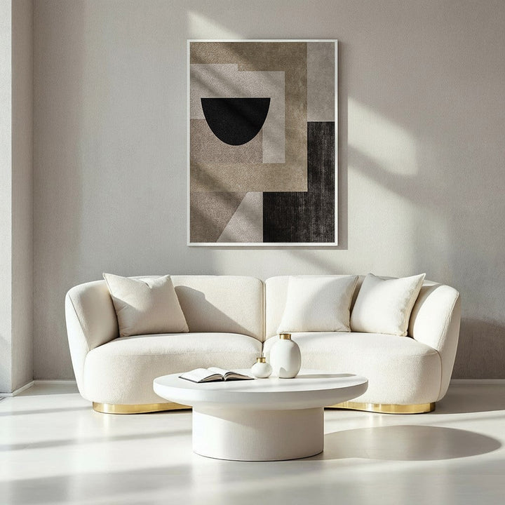 Wadi Home abstract geometric canvas art in neutral tones of beige, taupe, and charcoal with a black semi-circle.