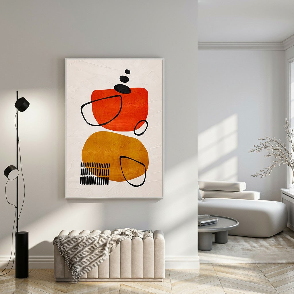 Wadi Home abstract geometric canvas art with orange, ochre, and black shapes. Modern wall art.