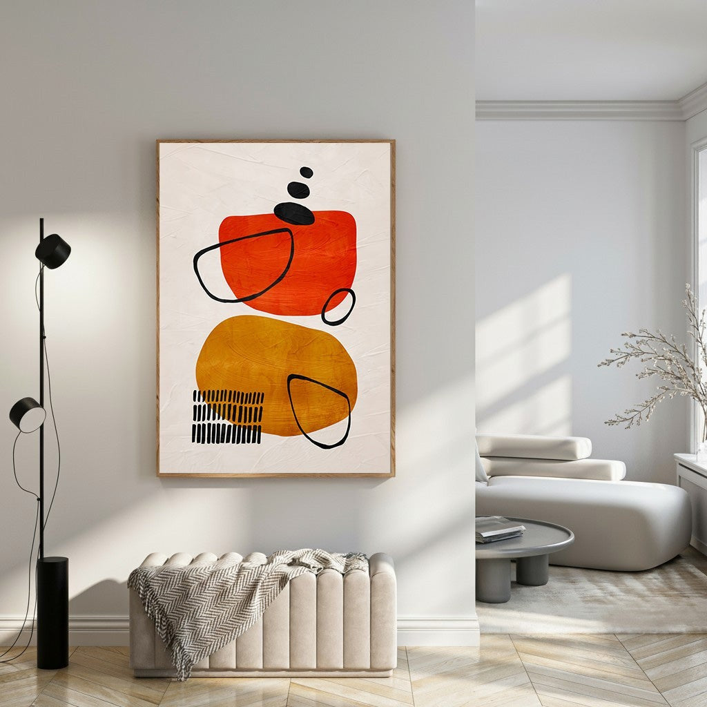 Wadi Home abstract geometric canvas art with orange, ochre, and black shapes. Modern textured art.
