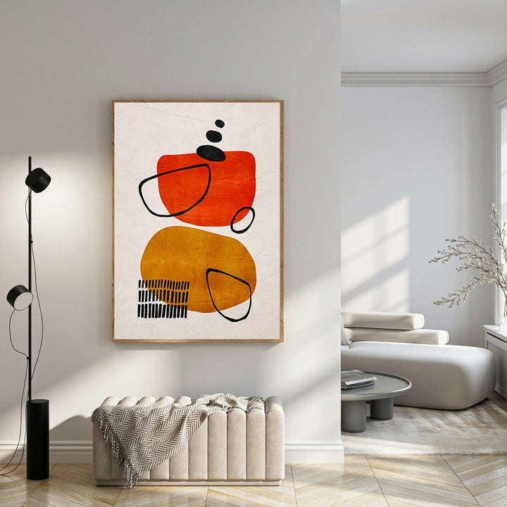 Wadi Home abstract geometric canvas art with orange, ochre, and black shapes. Modern textured art.