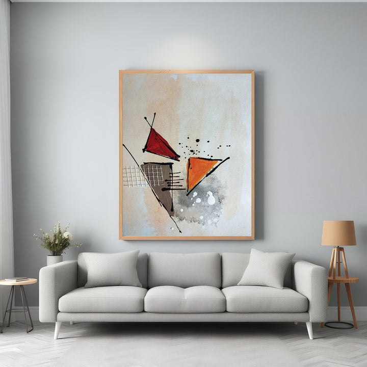 Wadi Home abstract geometric canvas art with red and orange triangles on textured background.